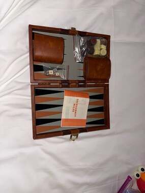 Vintage Cardinal Magnetic Travel Backgammon Set with Brown Faux Leather Case